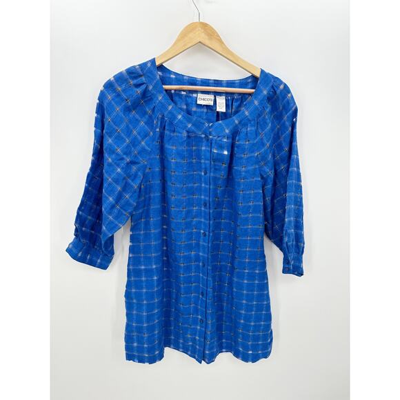 Chicos Blue Rosemarie Window Linen 3/4 Shirt Moroccan Tunic Button Down Sz 1 NWT - Picture 1 of 8